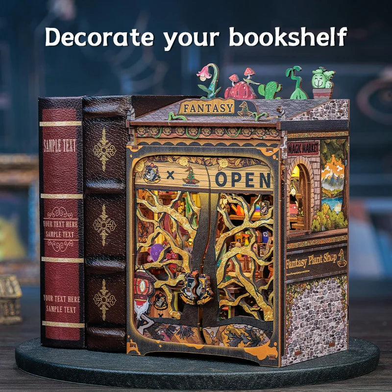 CUTEBEE Book Nook DIY Mini Dollhouse with Light Wooden Bookshelf Insert Fantasy Plant Shop Booknook Decor for Gifts 3D Puzzle