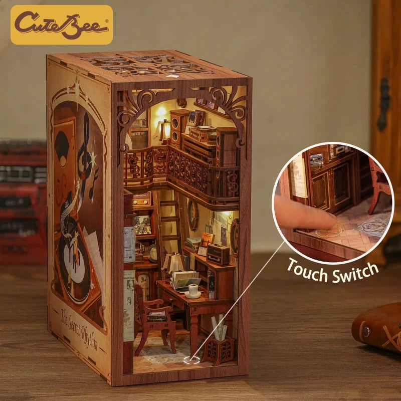 CUTEBEE Book Nook DIY Miniature House Dollhouse Booknook with Touch Light Model Building Adult for Decoration Gift Secret Rhythm