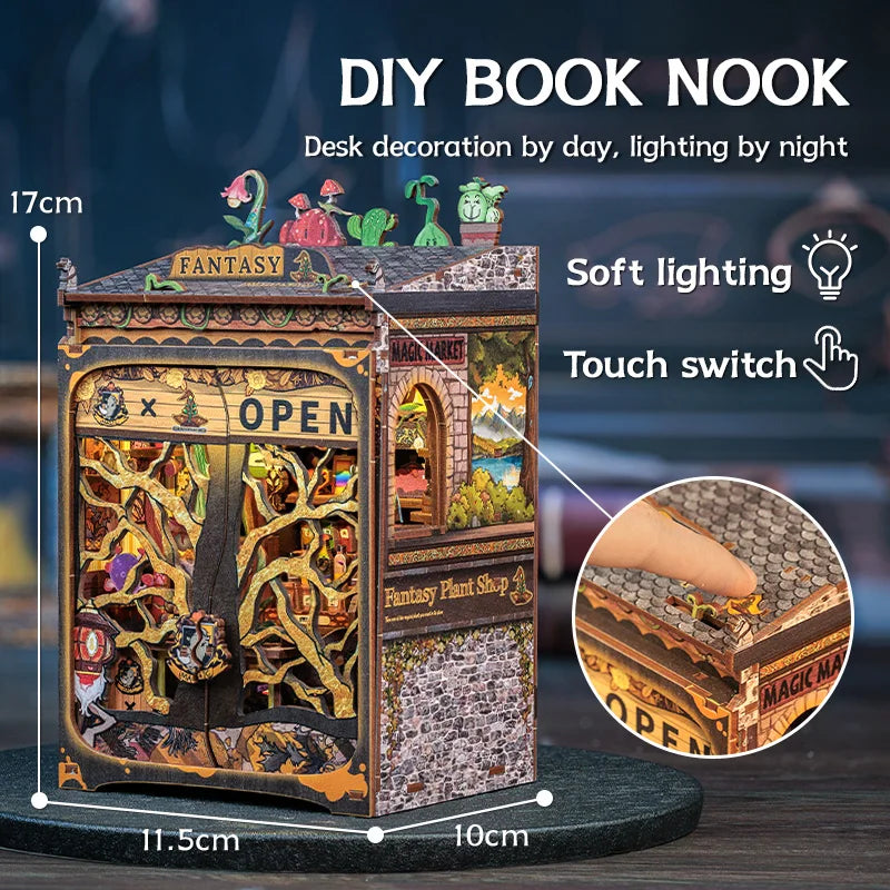 CUTEBEE Book Nook DIY Mini Dollhouse with Light Wooden Bookshelf Insert Fantasy Plant Shop Booknook Decor for Gifts 3D Puzzle