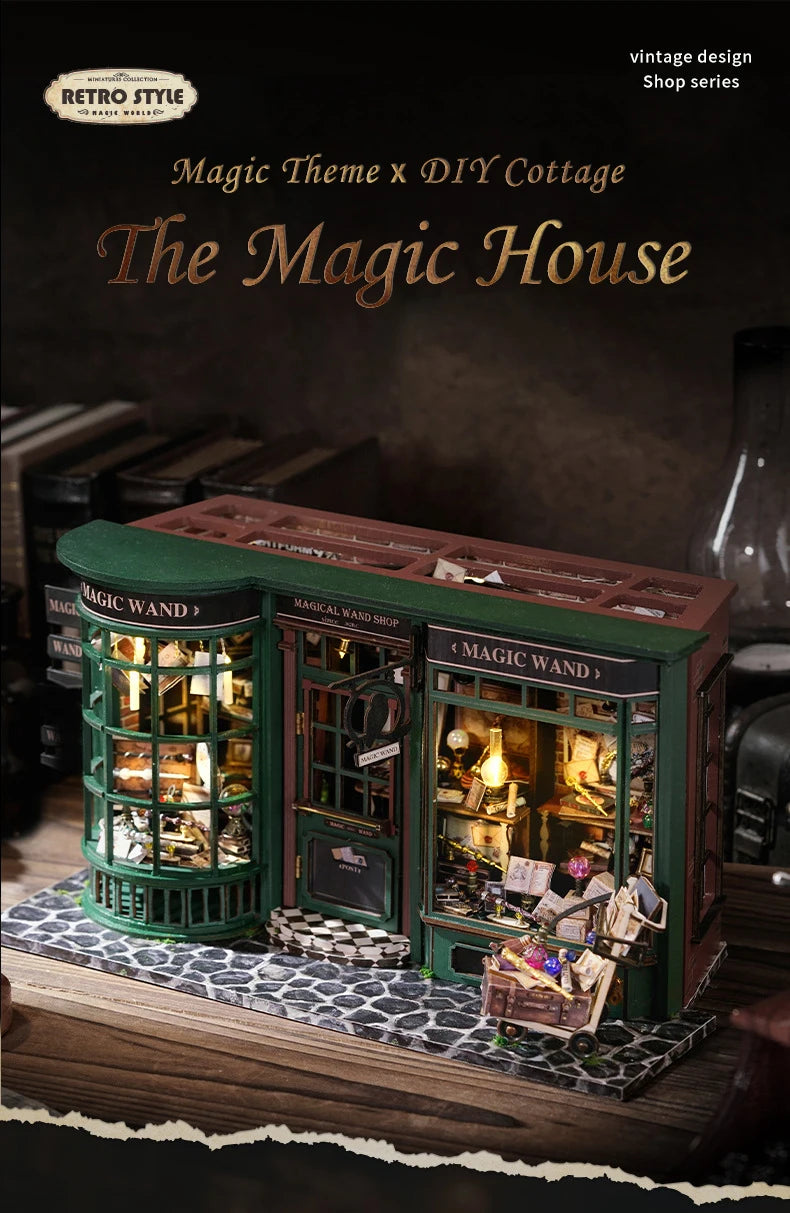 DIY Wooden Dollhouse Magic Shop Miniature Doll House Kit with Furniture Roombox Retro Home Model Toy for Children Gift