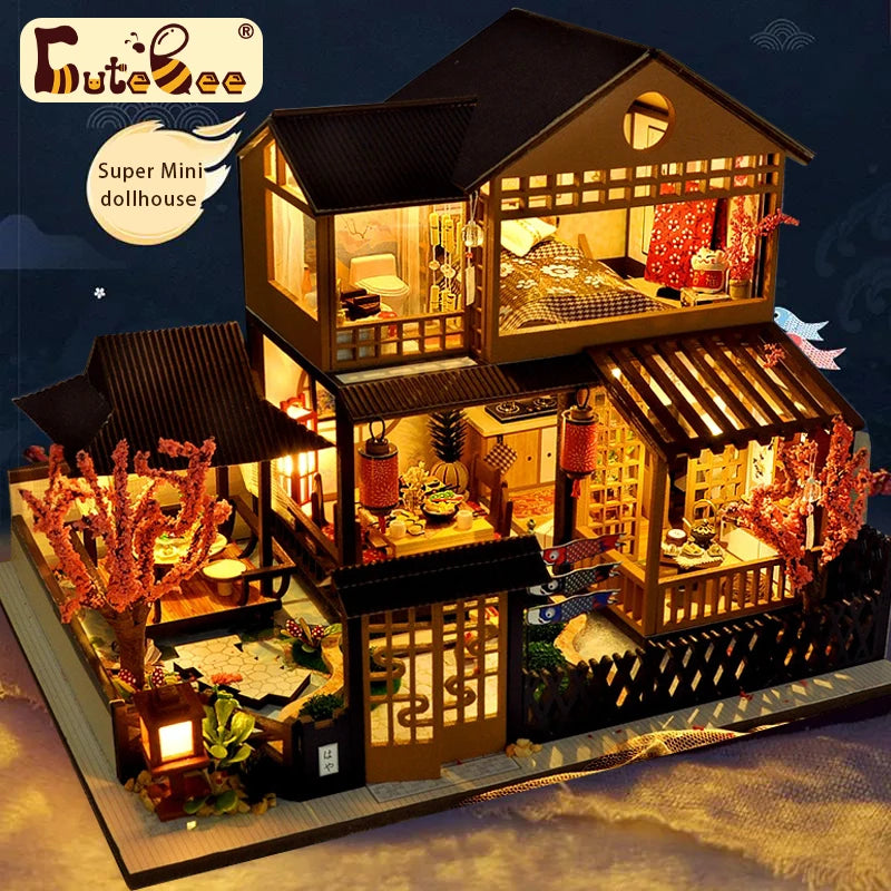 Cutebee Super Mini Wooden Doll House Mini Sakura Garden House Furniture Building Kit Toys for Children Gifts