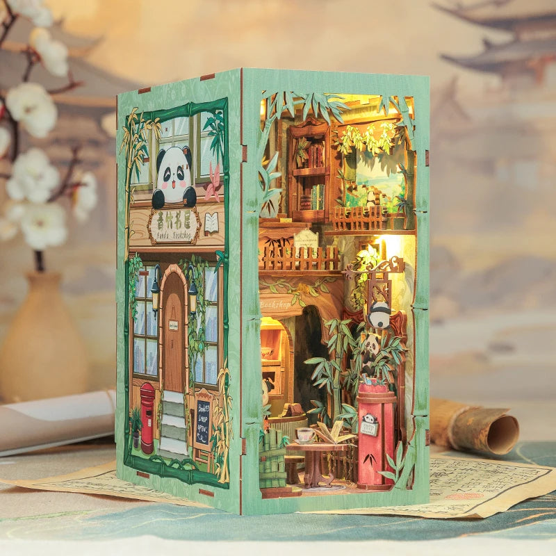 CUTEBEE DIY Book Nook Kit Cute Panda Bookshop Miniature Dollhouse with Light Dust Cover Bookshelf Insert for Craft Birthday Gift