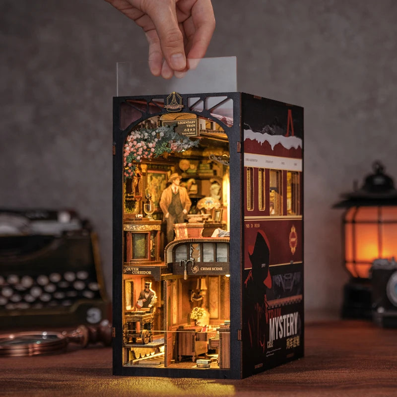 CUTEBEE DIY Book Nook Kit Miniature Doll House With Touch Light Dust Cover Bookshelf Insert Gifts Detective Agency Train Mystery