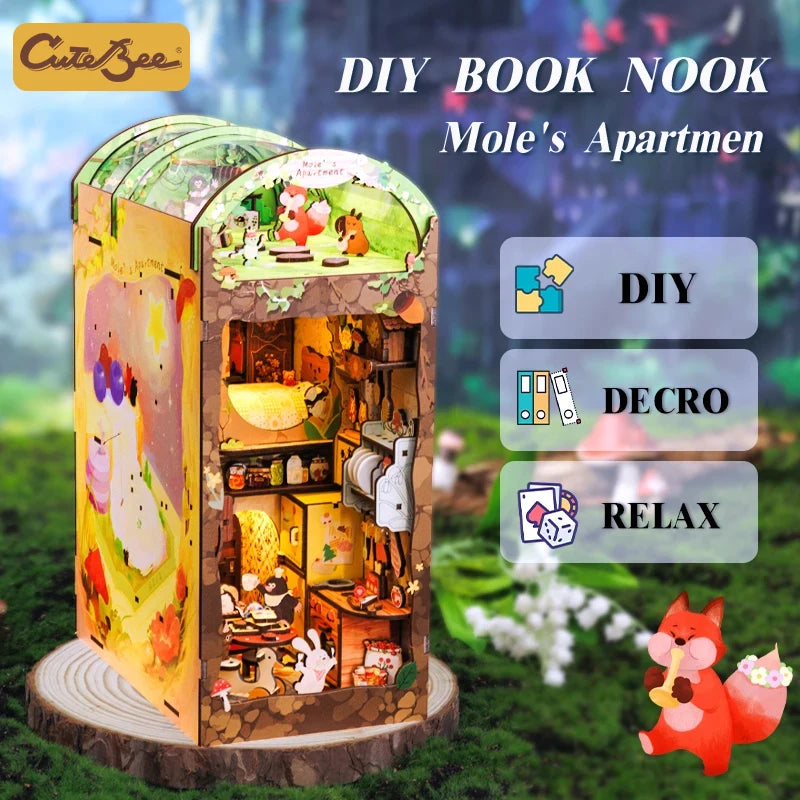 CUTEBEE-Book Nook Kit, DIY Doll House with Touch Light, Dust Cover, Cartoon 3D Bookshelf Insert, Birthday Gift, Mole's Apartment