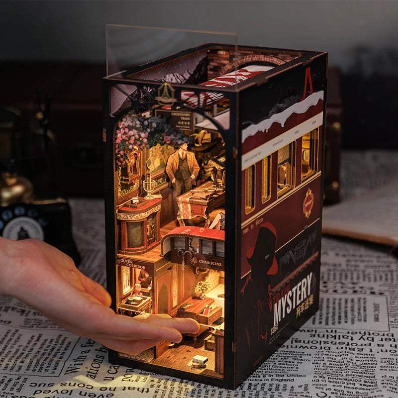 CUTEBEE DIY Book Nook Kit Miniature Doll House With Touch Light Dust Cover Bookshelf Insert Gifts Detective Agency Train Mystery