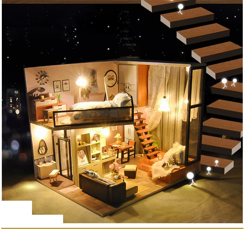 CUTEBEE-DIY Wooden Doll House Kit, Modern Miniature Dollhouse with Furniture Lights, Magic Roombox Toys, Birthday Gift