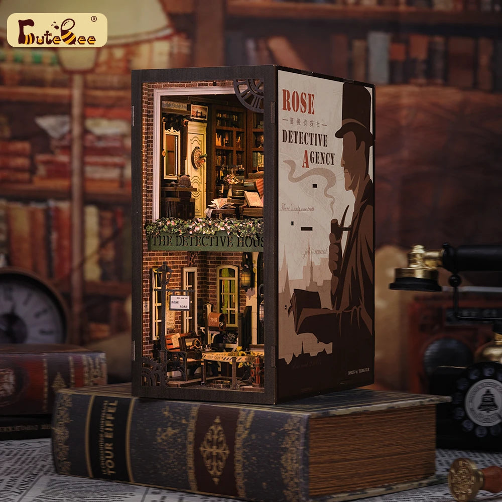 CUTEBEE Book Nook Miniature Doll House Kit Bookshelf Insert With Touch Light Dust Cover DIY Booknook Gifts Rose Detective Agency