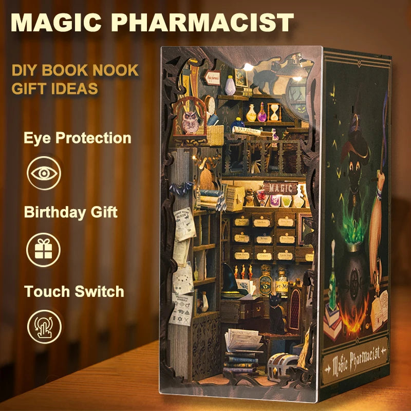 CUTEBEE DIY Book Nook Kit Miniature Dollhouse with Lights Magic Pharmacist Gift Ideas Bookshelf Insert For Birthday Gift