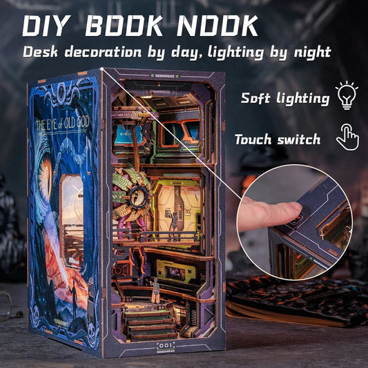 CUTEBEE DIY Book Nook Wooden Dollhouse with Light Dust Cover Bookshelf Insert 3D Puzzle Decor for Gift The Eye of Old God